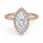 My Store 4 18K rose gold marquise cut lab diamond halo ring with a delicate polished band on a white background.