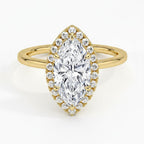 My Store 4 18K solid gold marquise cut lab diamond ring with a sparkling halo setting on a white background.