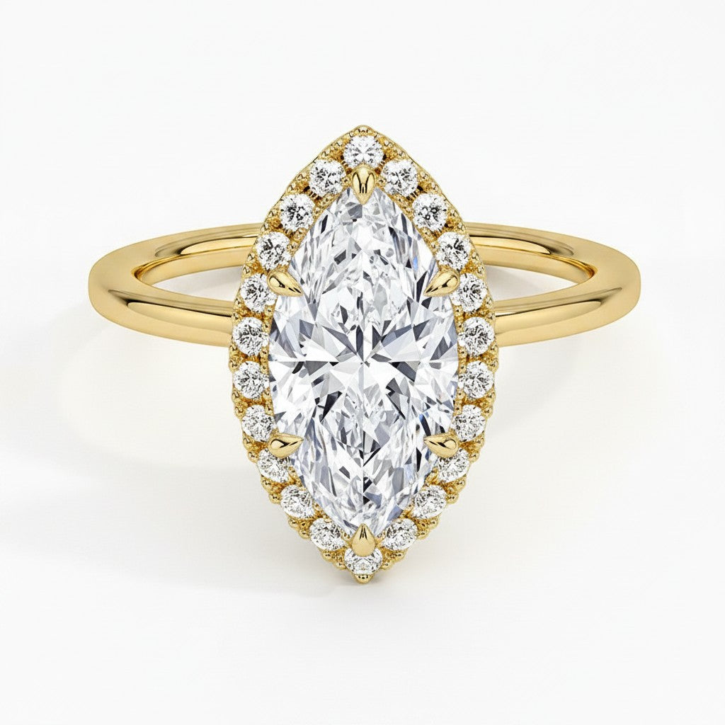 My Store 4 18K solid gold marquise cut lab diamond ring with a sparkling halo setting on a white background.
