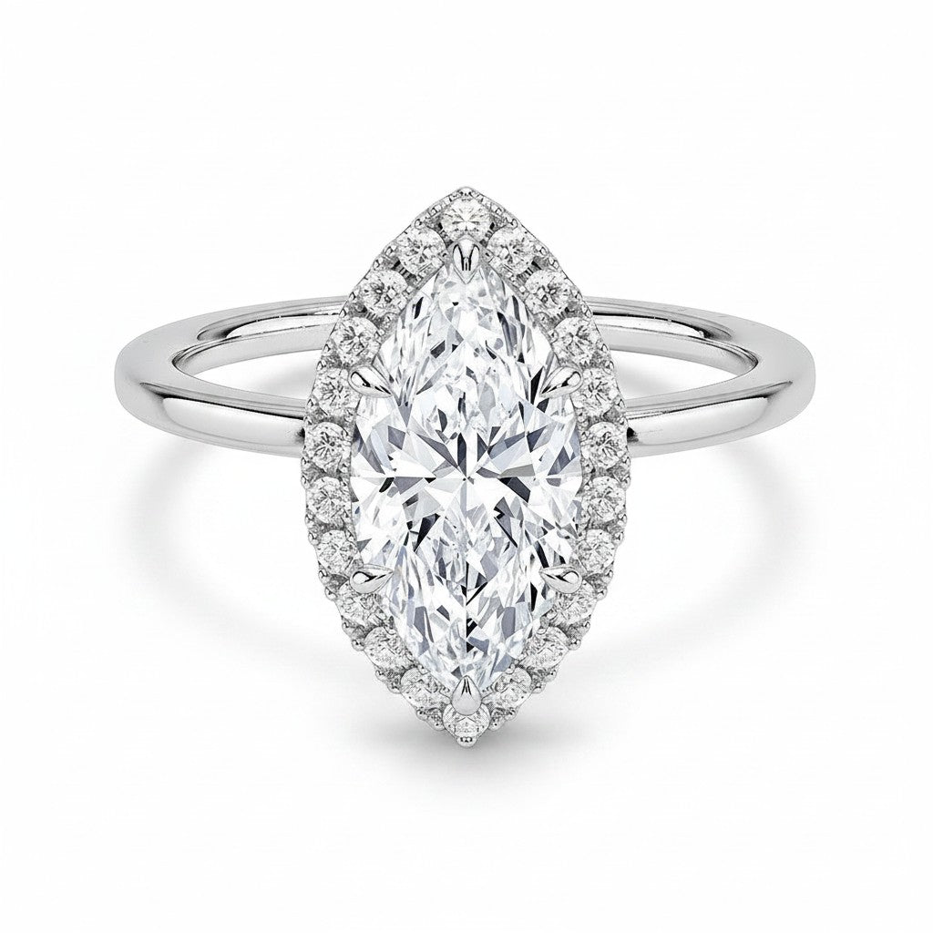 My Store 4 18K solid gold marquise cut lab diamond ring with a sparkling halo setting on a white background