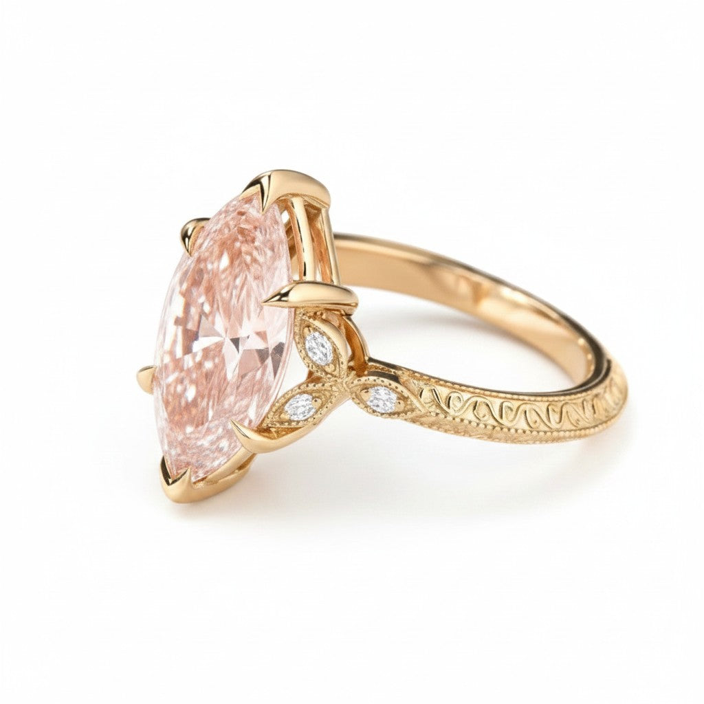 My Store 4 18K solid gold engagement ring featuring a marquise-cut fancy pink lab-grown diamond with engraved band
