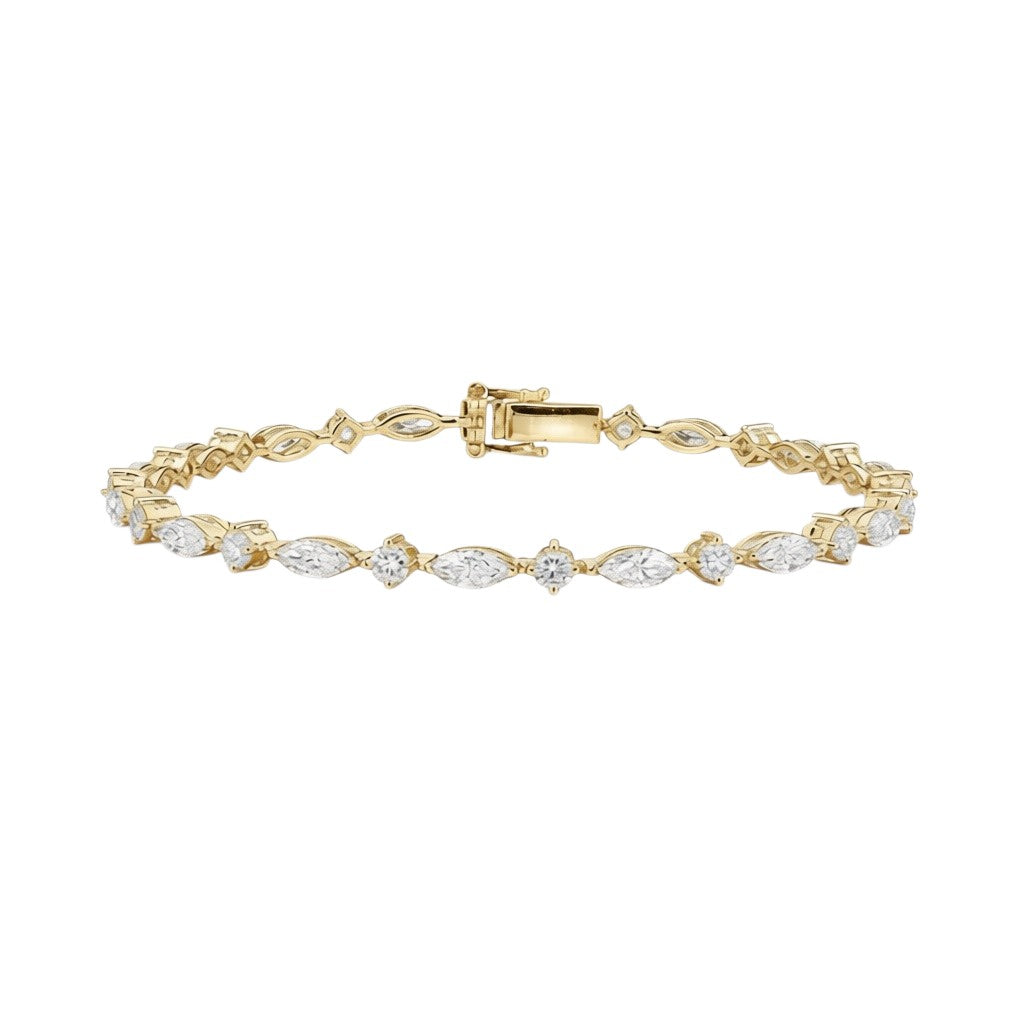 My Store 4 marquise and round diamond tennis bracelet in yellow gold with a secure box clasp.