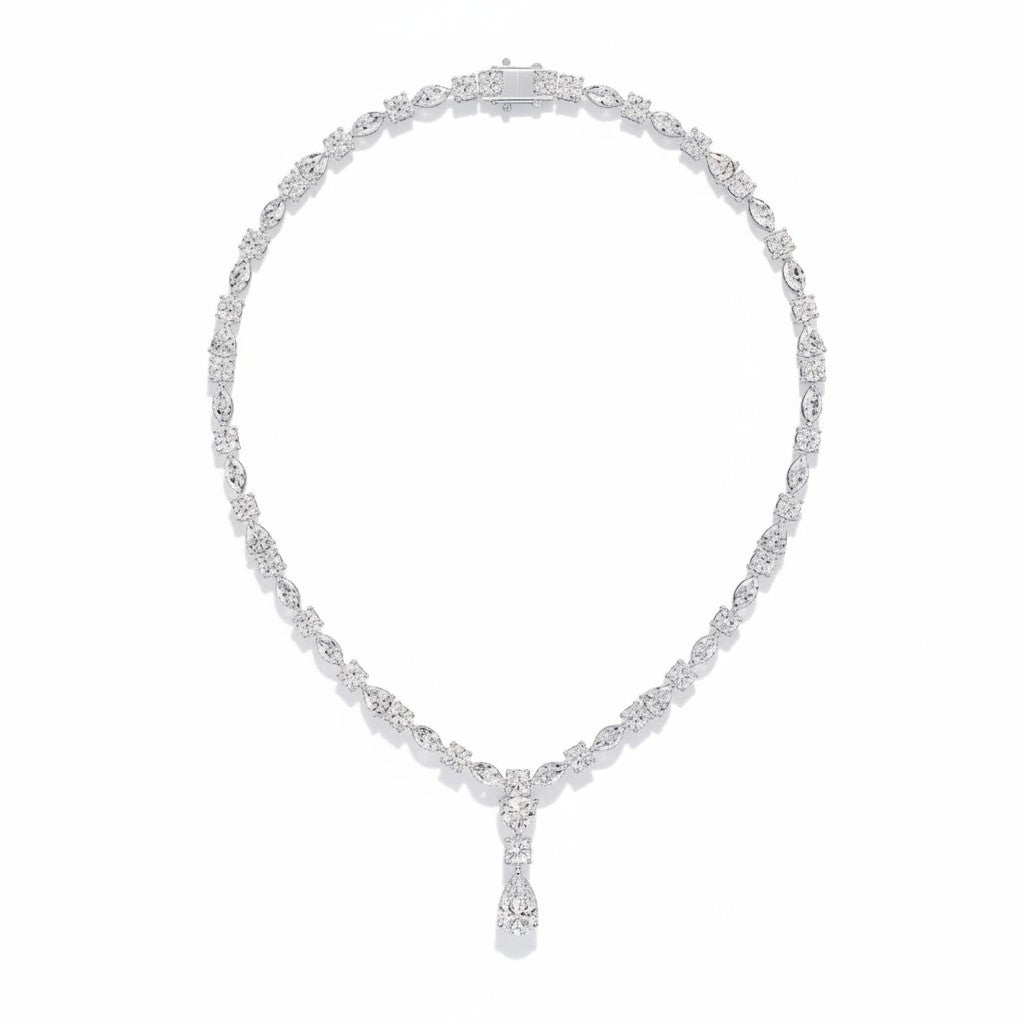 My Store 4 statement necklace featuring round, marquise, and heart-cut diamonds with a pear-shaped drop pendant.