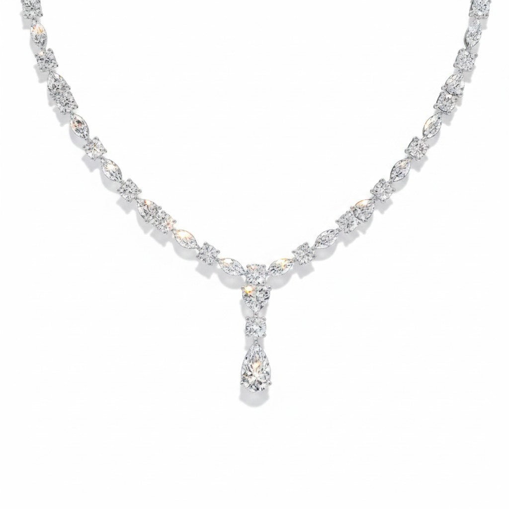 My Store 4 mixed shape diamond statement necklace featuring round, marquise, heart, and pear-cut diamonds in white gold.