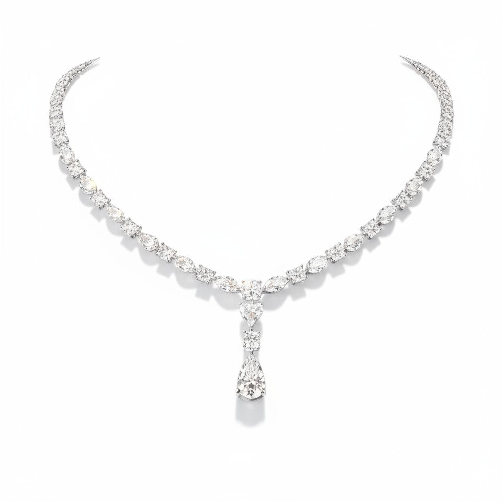 My Store 4 statement necklace featuring round, marquise, and heart-cut diamonds with a pear-shaped drop pendant.