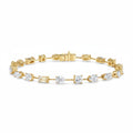 My Store 4 gold tennis bracelet featuring a mixed sequence of pear, emerald, princess, oval, and round cut diamonds.