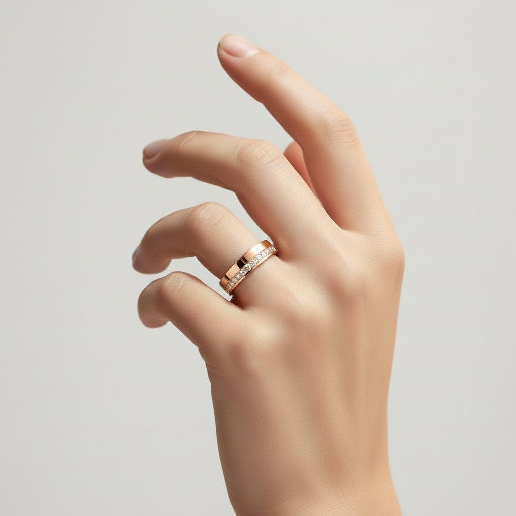 My Store 4 offset diamond channel flat band ring in rose gold worn on a hand
