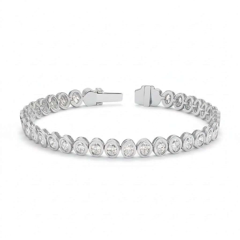 My Store 4 oval cut diamond tennis bracelet in white gold with a protective bezel setting and secure box clasp