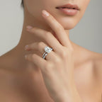 My Store 4 18K solid gold bridal ring set featuring an oval lab-grown diamond with marquise accents on a model's hand.