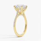 My Store 4 18K gold oval lab-grown diamond engagement ring with a cathedral setting, hidden halo, and pavé band.
