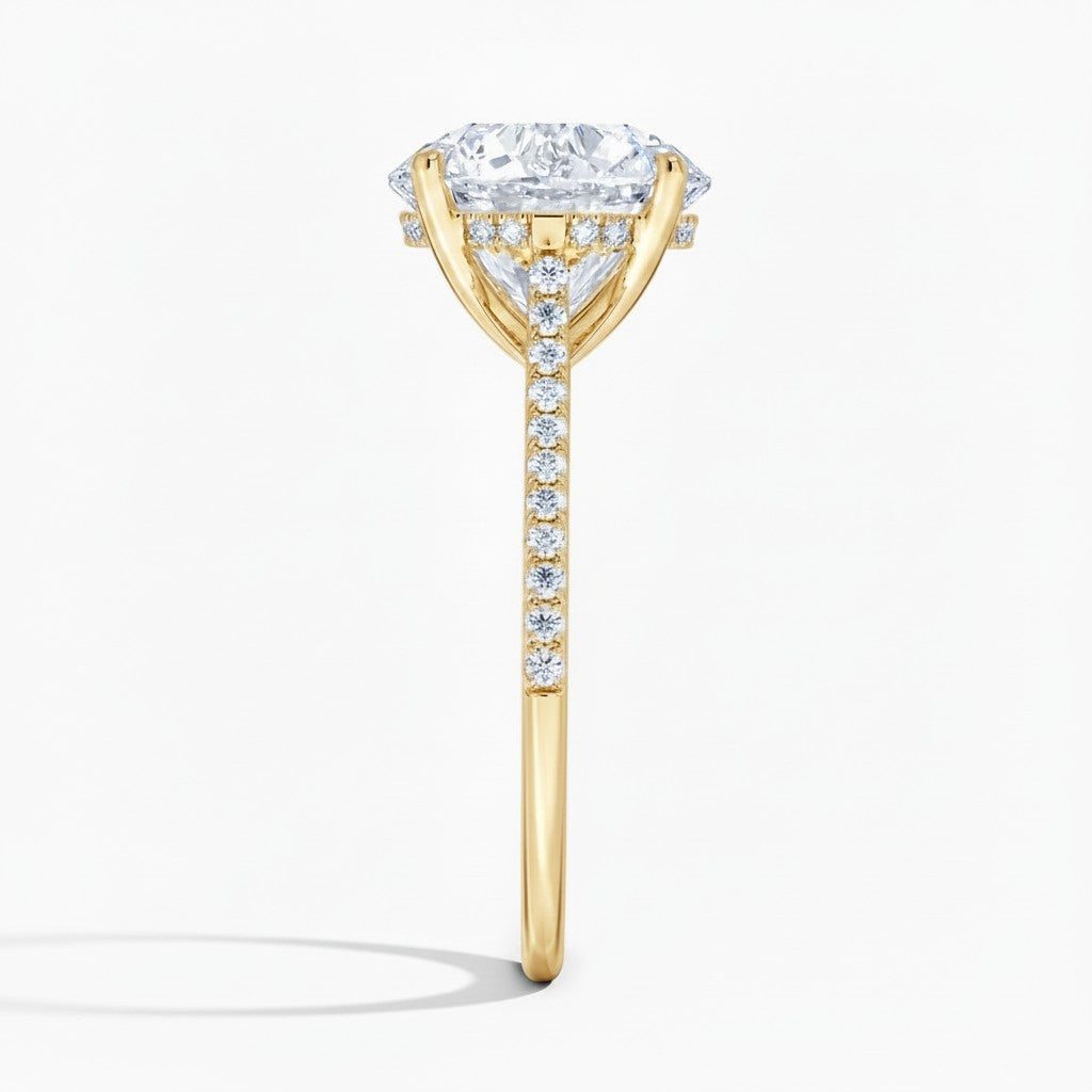 My Store 4 18K yellow gold oval lab grown diamond solitaire ring with cathedral setting and pavé band side view
