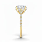 My Store 4 18K gold oval lab-grown diamond engagement ring with a cathedral setting and hidden halo pavé band