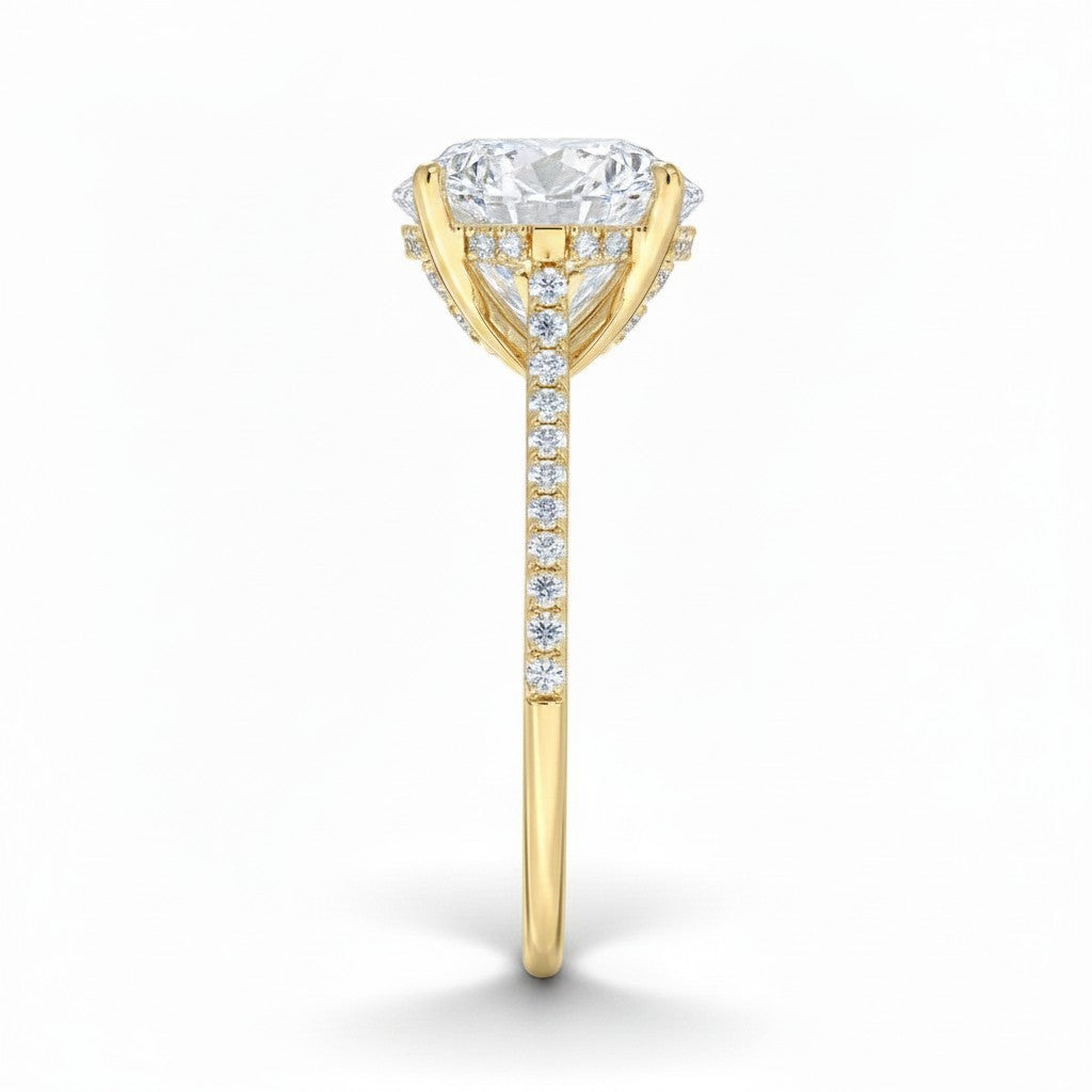 My Store 4 18K gold oval lab-grown diamond engagement ring with a cathedral setting and hidden halo pavé band