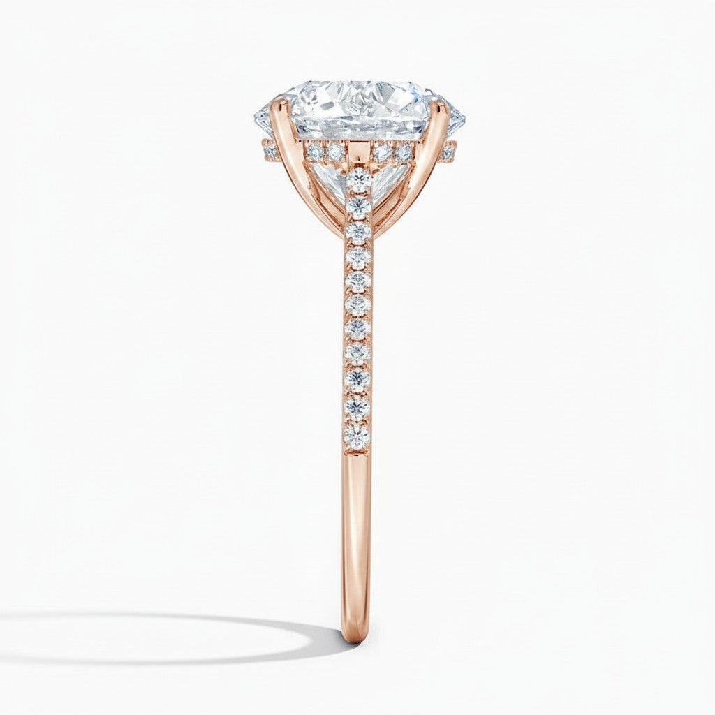 My Store 4 18K yellow gold cathedral solitaire ring with a 3ct oval lab-grown diamond and pavé band side view