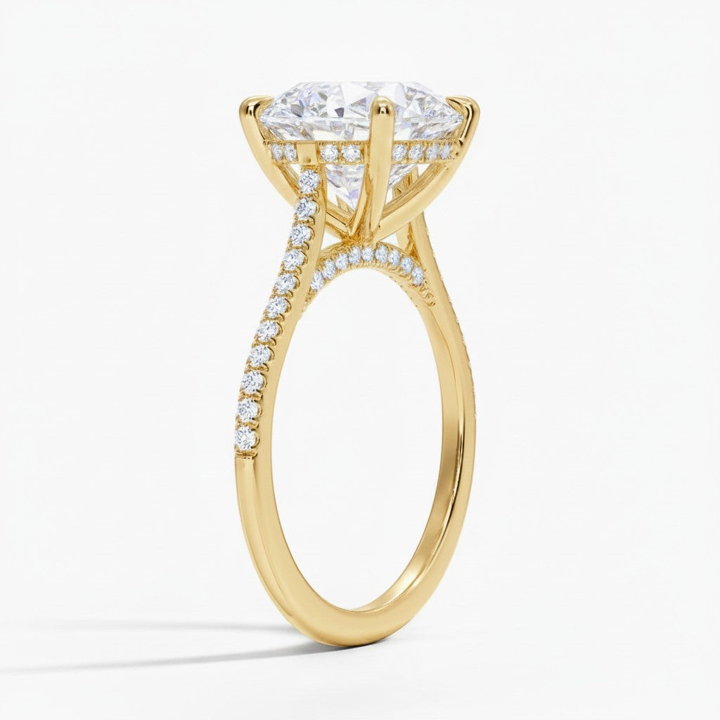 My Store 4 18K yellow gold cathedral solitaire ring featuring a 3ct oval lab-grown diamond with a pavé band.