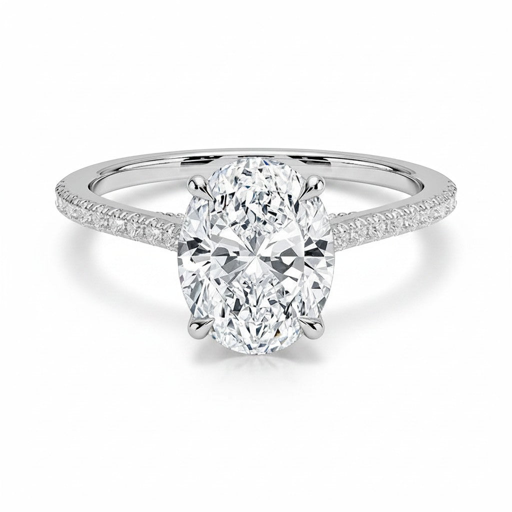 My Store 4 18K gold oval lab grown diamond cathedral solitaire ring with pavé band on a white background
