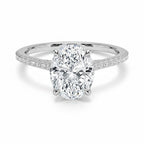 My Store 4 18K gold oval lab grown diamond cathedral solitaire ring with pavé band on a white background