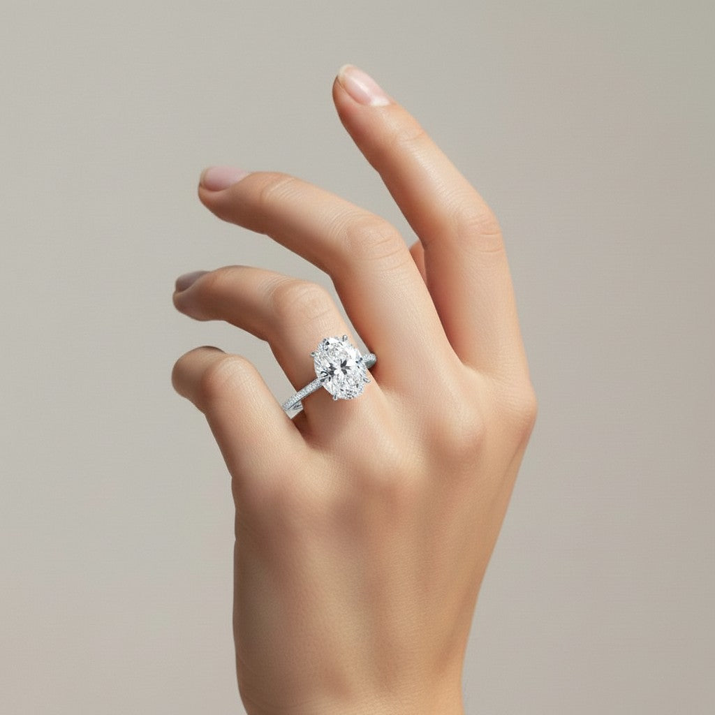 My Store 4 18K yellow gold cathedral solitaire ring featuring a 3ct oval lab-grown diamond on a pavé band