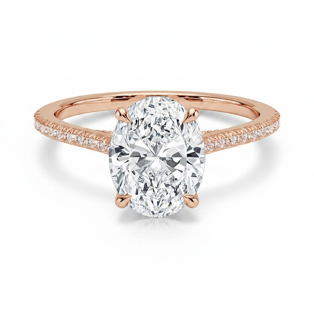 My Store 4 18K yellow gold oval lab-grown diamond solitaire ring with a cathedral setting and pavé band