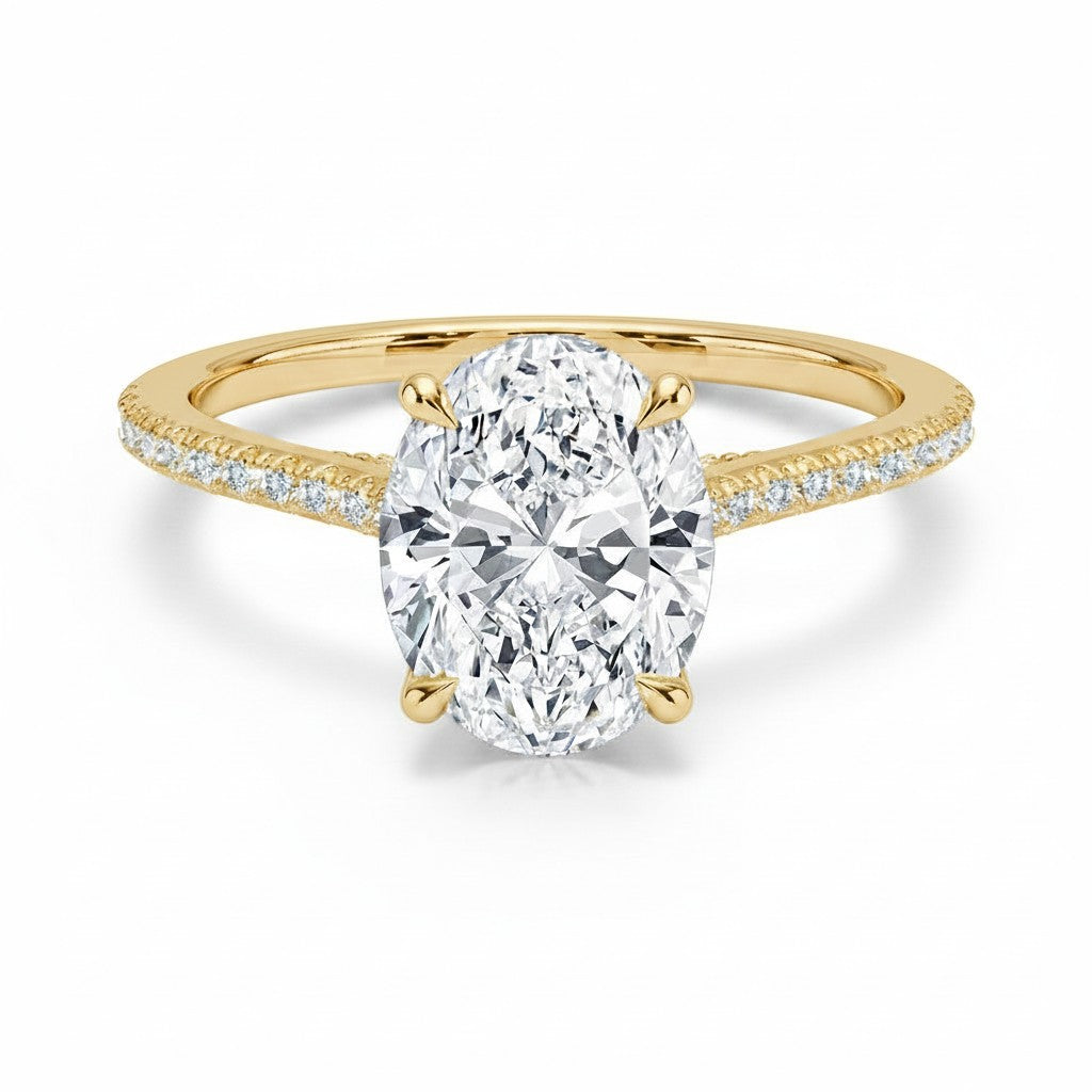 My Store 4 18K yellow gold cathedral solitaire ring featuring a 3ct oval lab-grown diamond and half pavé band