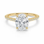My Store 4 18K yellow gold cathedral solitaire ring featuring a 3ct oval lab-grown diamond and half pavé band
