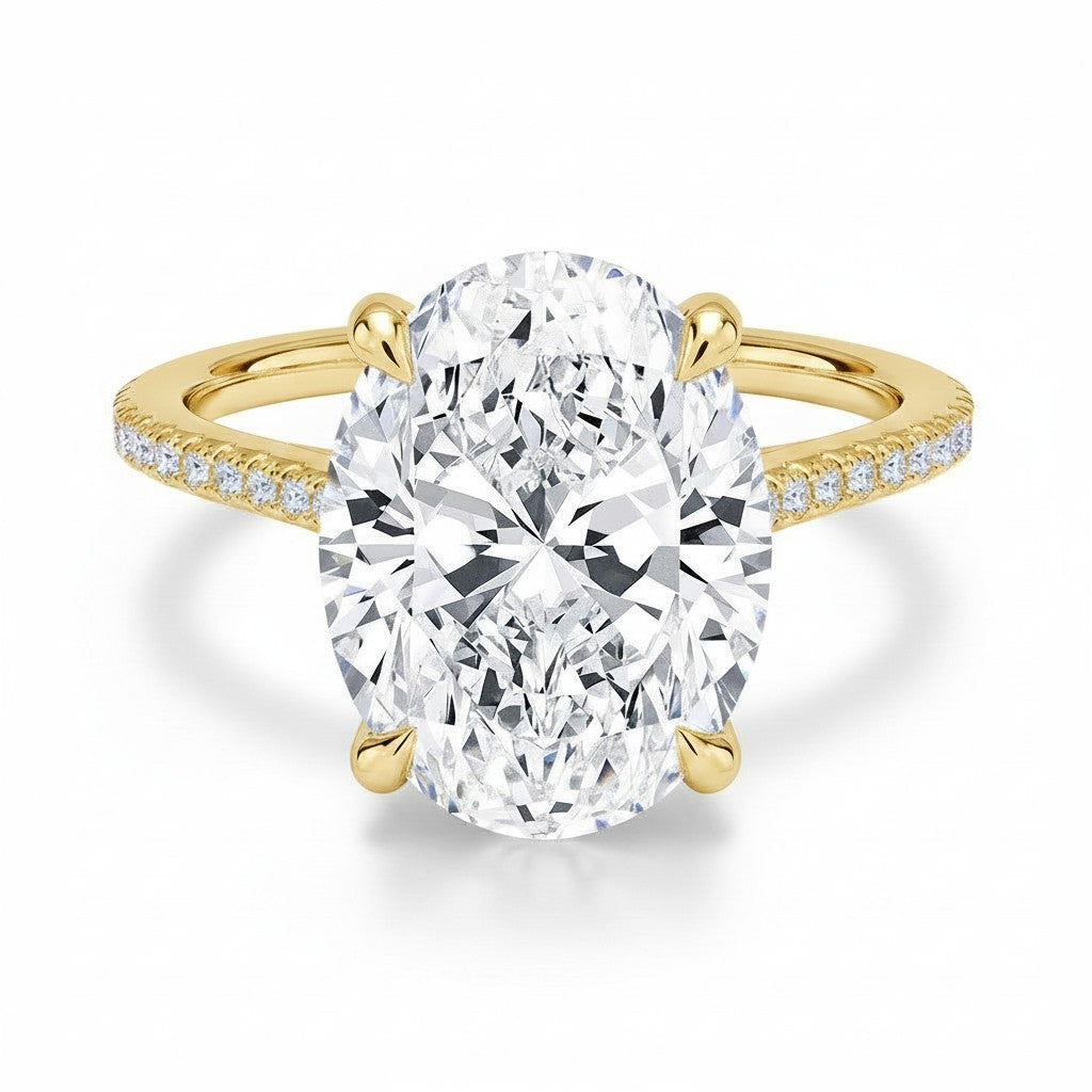 My Store 4 18K solid gold engagement ring featuring a 4 carat oval lab-grown diamond with a hidden halo and pavé band.