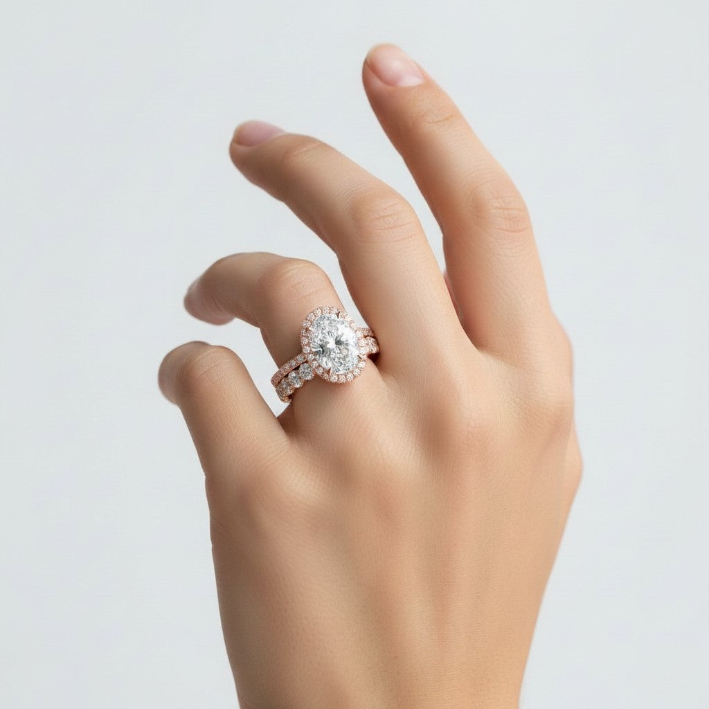 My Store 4 oval diamond halo engagement ring and matching eternity band set worn on a finger in rose gold