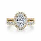 My Store 4 oval diamond halo engagement ring and matching eternity band set in 18K yellow gold on white background.