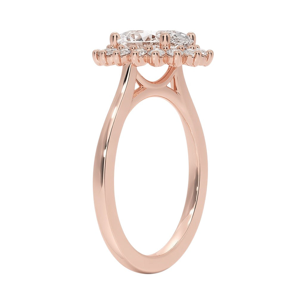 My Store 4 18K solid gold oval diamond halo ring viewed from the side, showcasing the vintage-inspired setting.
