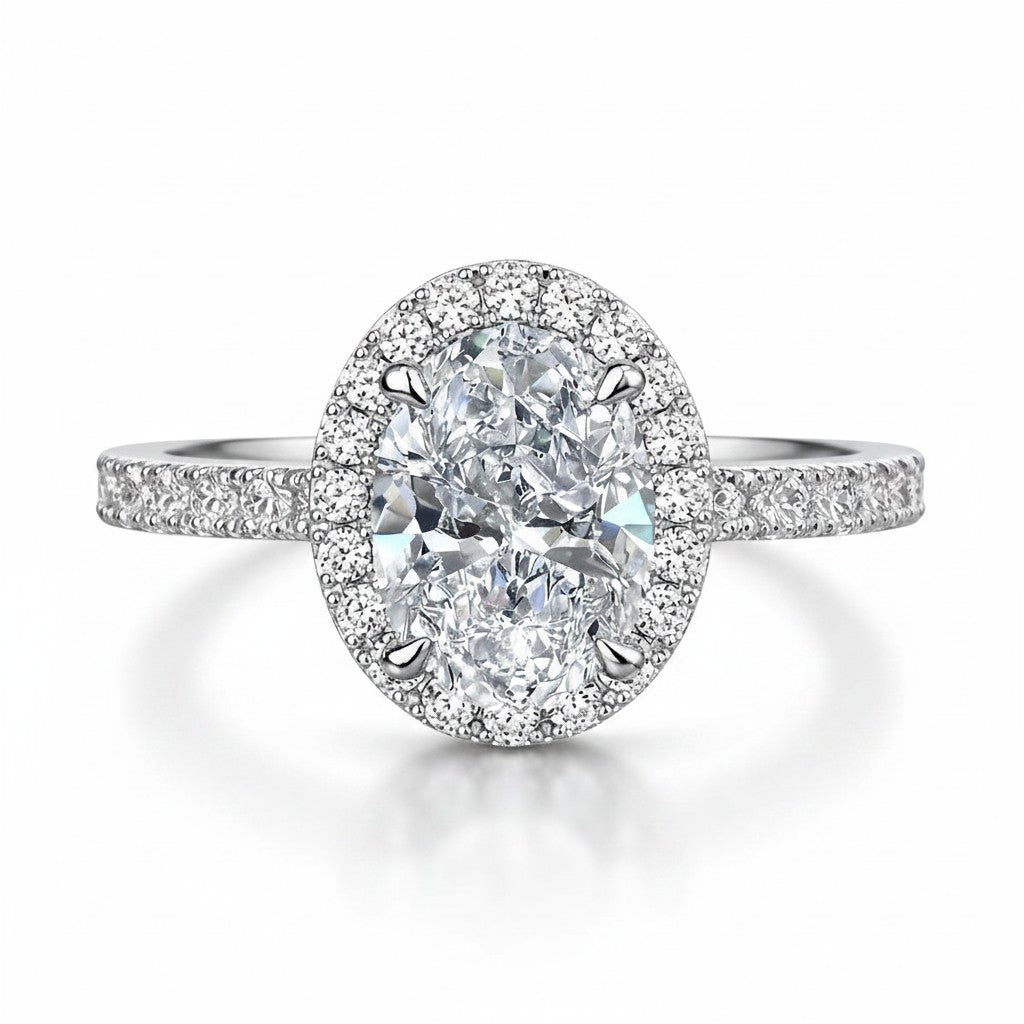 My Store 4 oval-cut diamond engagement ring with a micro-pavé halo and pavé diamond shank in white gold