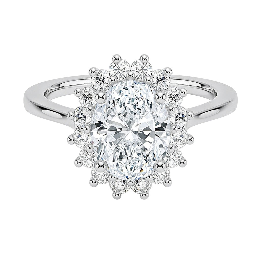 My Store 4 18K solid gold oval cut diamond halo ring with vintage inspired design and brilliant sparkle