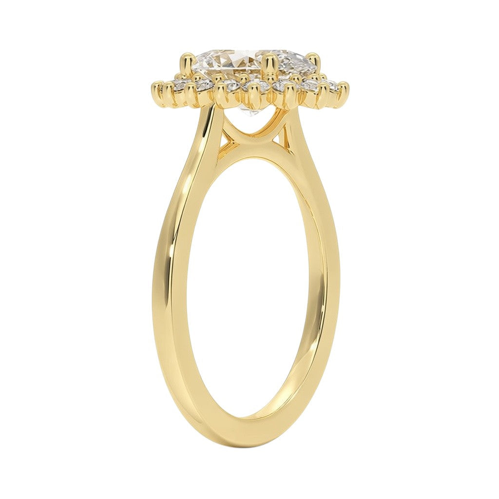 My Store 4 18K solid gold oval diamond halo ring viewed from the side, showcasing the vintage-inspired setting.