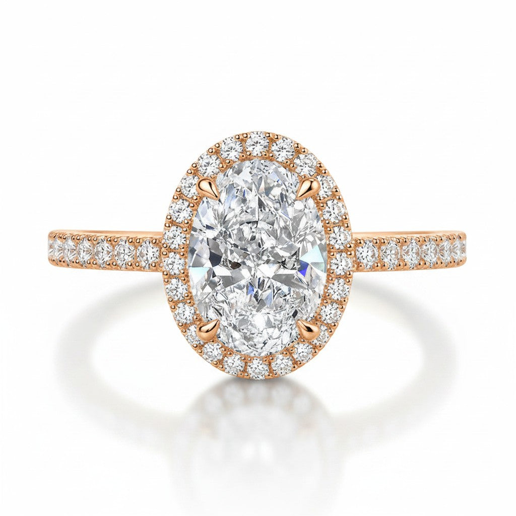 My Store 4 oval diamond engagement ring with a micro-pavé halo and pavé shank set in 18K rose gold