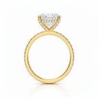 My Store 4 18K gold oval lab-grown diamond engagement ring with a hidden halo and pavé band, side profile view.