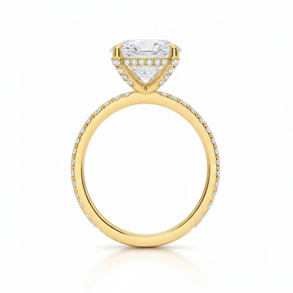 My Store 4 18K gold oval lab-grown diamond engagement ring with a hidden halo and pavé band, side profile view.