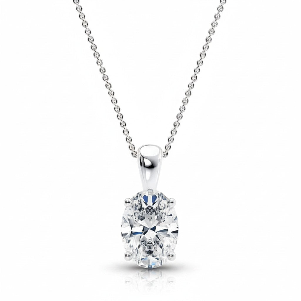 My Store 4 oval diamond solitaire pendant necklace in white gold with a four-prong setting on a delicate cable chain