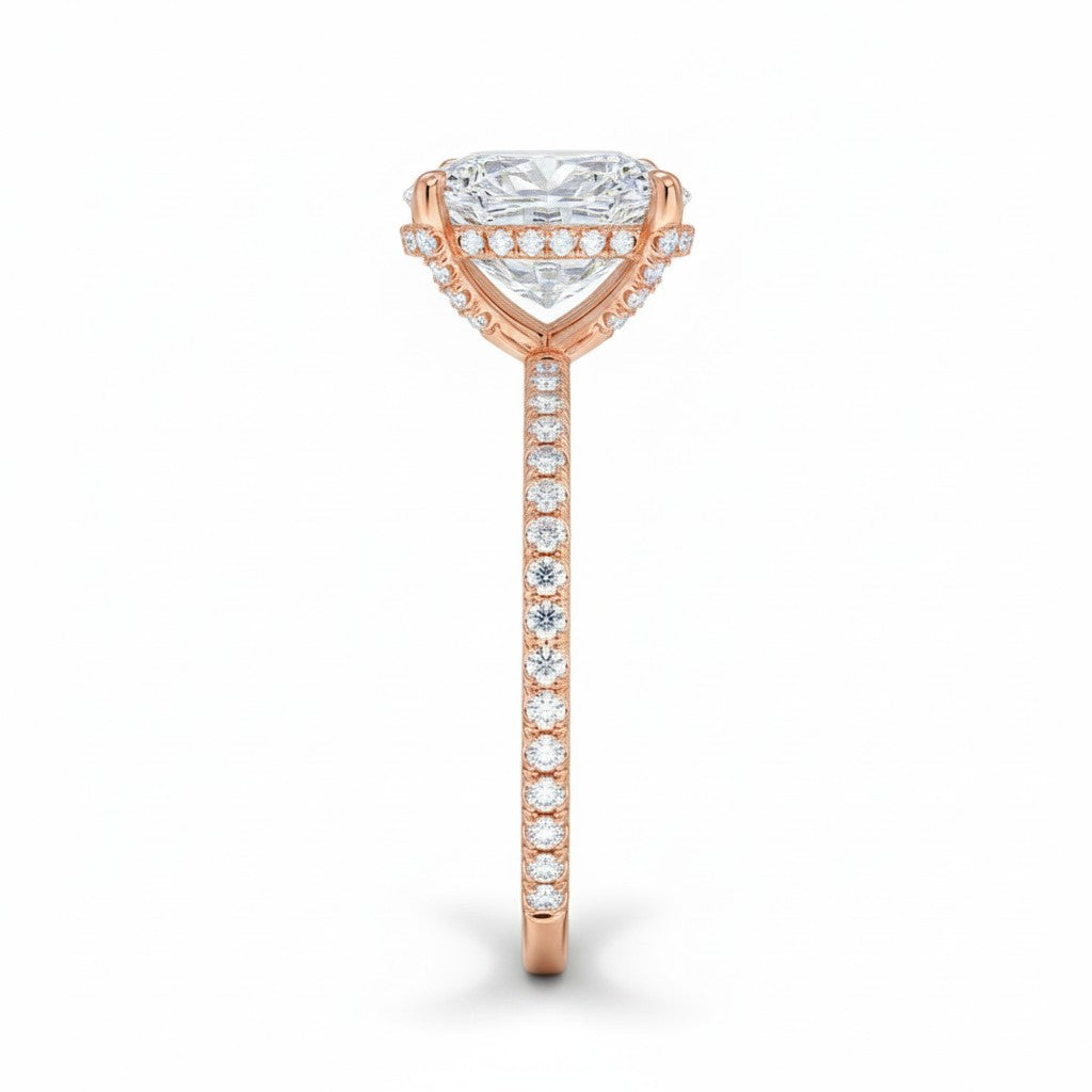 My Store 4 18K white gold oval lab-grown diamond ring with a hidden halo and pavé band side view