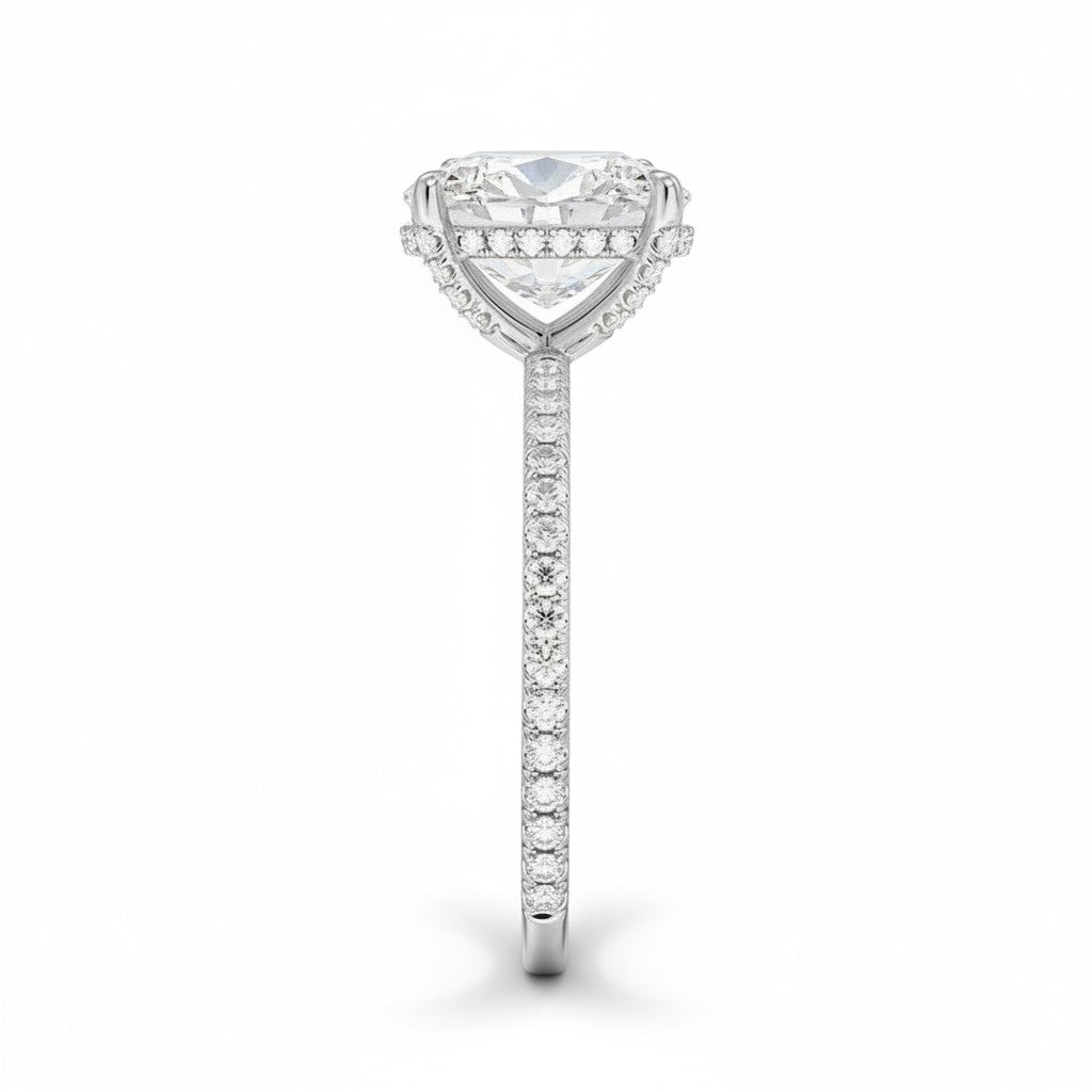My Store 4 18K white gold oval lab-grown diamond engagement ring with a hidden halo and pavé band side profile