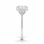 My Store 4 18K white gold oval lab-grown diamond ring with a cathedral setting, hidden halo, and pavé band side view.