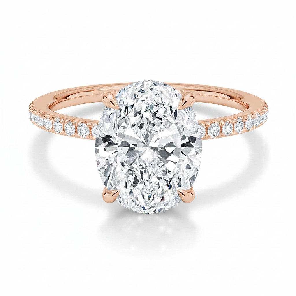 My Store 4 oval lab-grown diamond engagement ring with a hidden halo and pave band in 18K white gold