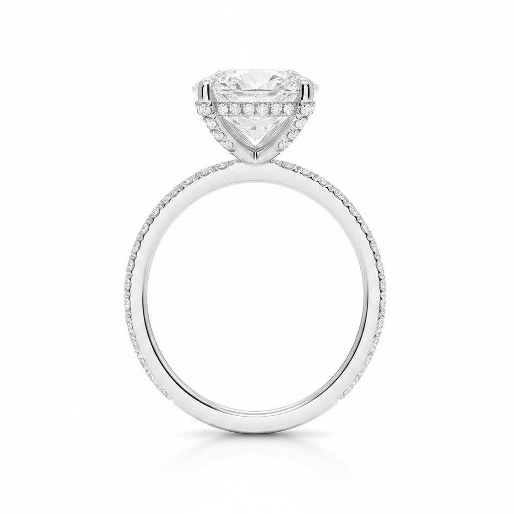 My Store 4 18K white gold oval lab-grown diamond engagement ring with a hidden halo and pavé band side view