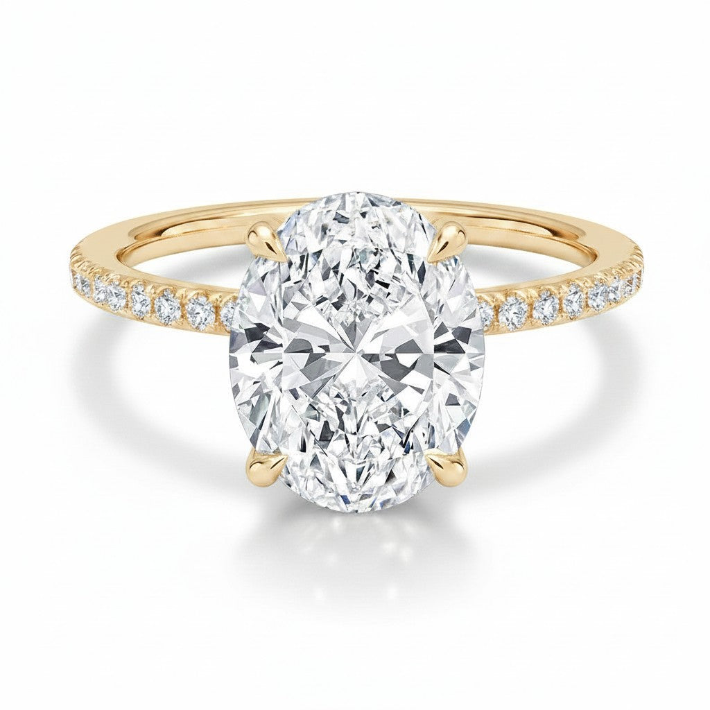 My Store 4 18K gold oval lab-grown diamond engagement ring with a hidden halo and pavé diamond band