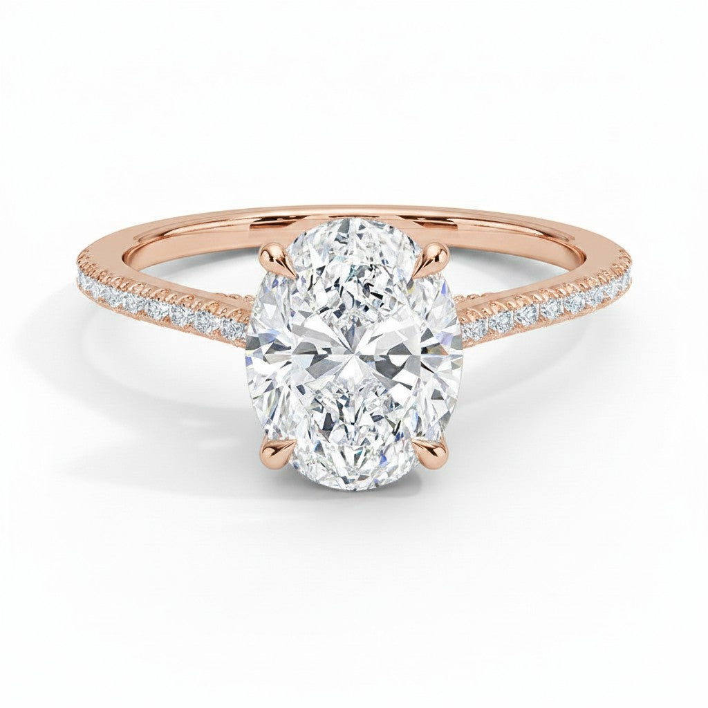 My Store 4 18K rose gold oval lab-grown diamond engagement ring with a hidden halo and pavé band