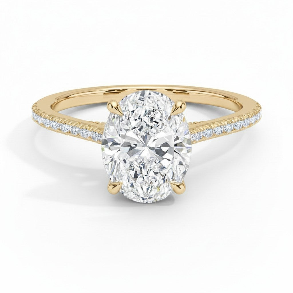 My Store 4 18K gold oval lab-grown diamond engagement ring with a cathedral setting and pavé band