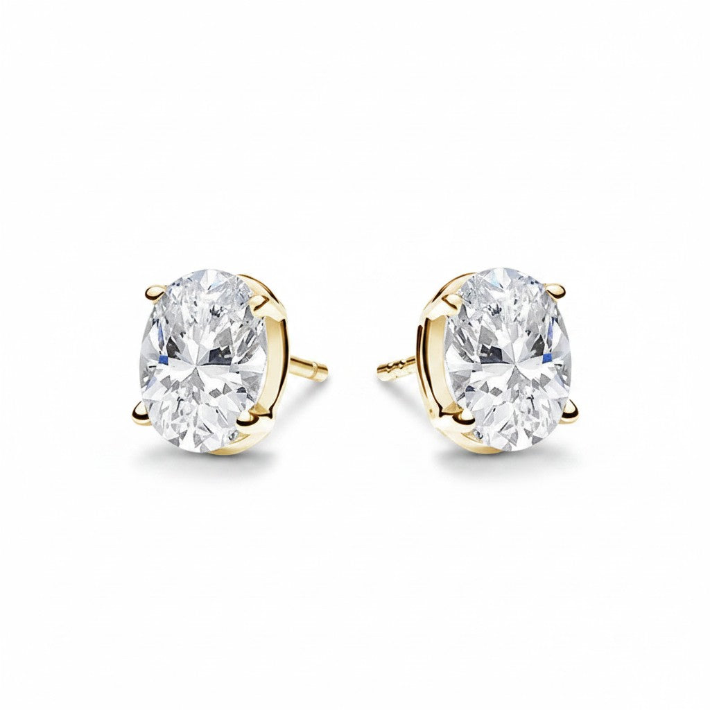 My Store 4 18K solid gold stud earrings featuring 2 carat oval-cut lab-grown diamonds in a classic four-prong setting.