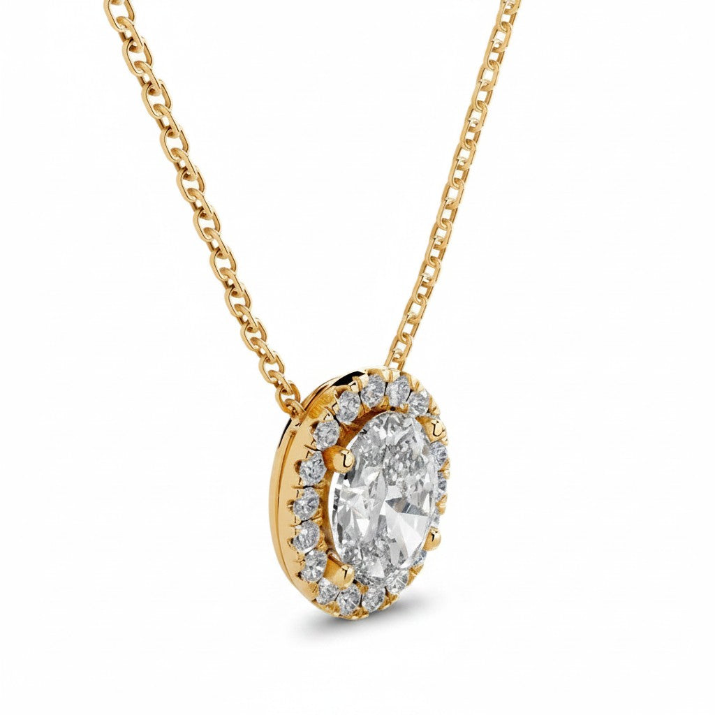 My Store 4 oval floating diamond pendant necklace in 18K yellow gold with a micro-pave halo on a fine cable chain.