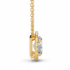 My Store 4 oval halo floating diamond pendant in 18K yellow gold, side view showing the bail-free setting.