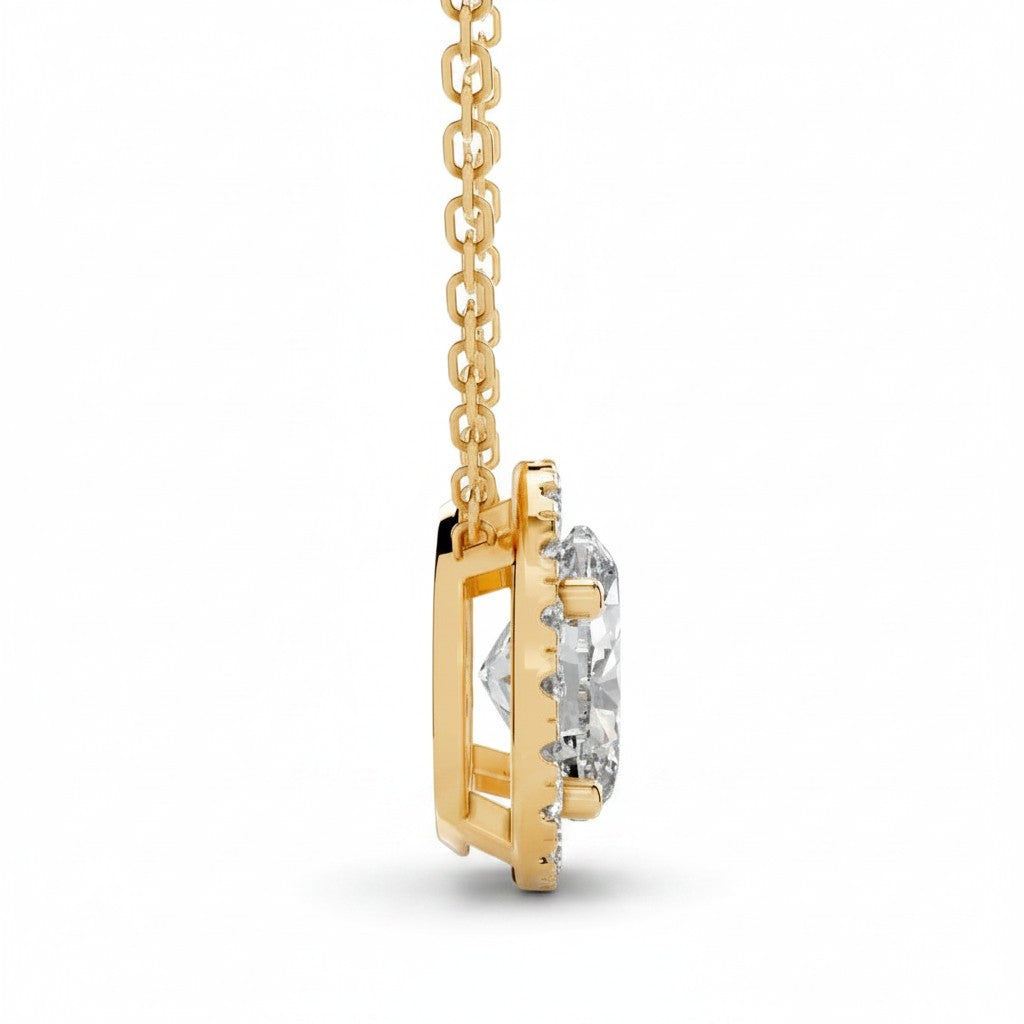 My Store 4 oval halo floating diamond pendant in 18K yellow gold, side view showing the bail-free setting.