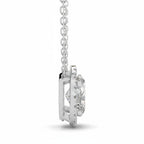My Store 4 oval halo floating diamond pendant necklace in white gold with a delicate cable chain, side profile view.
