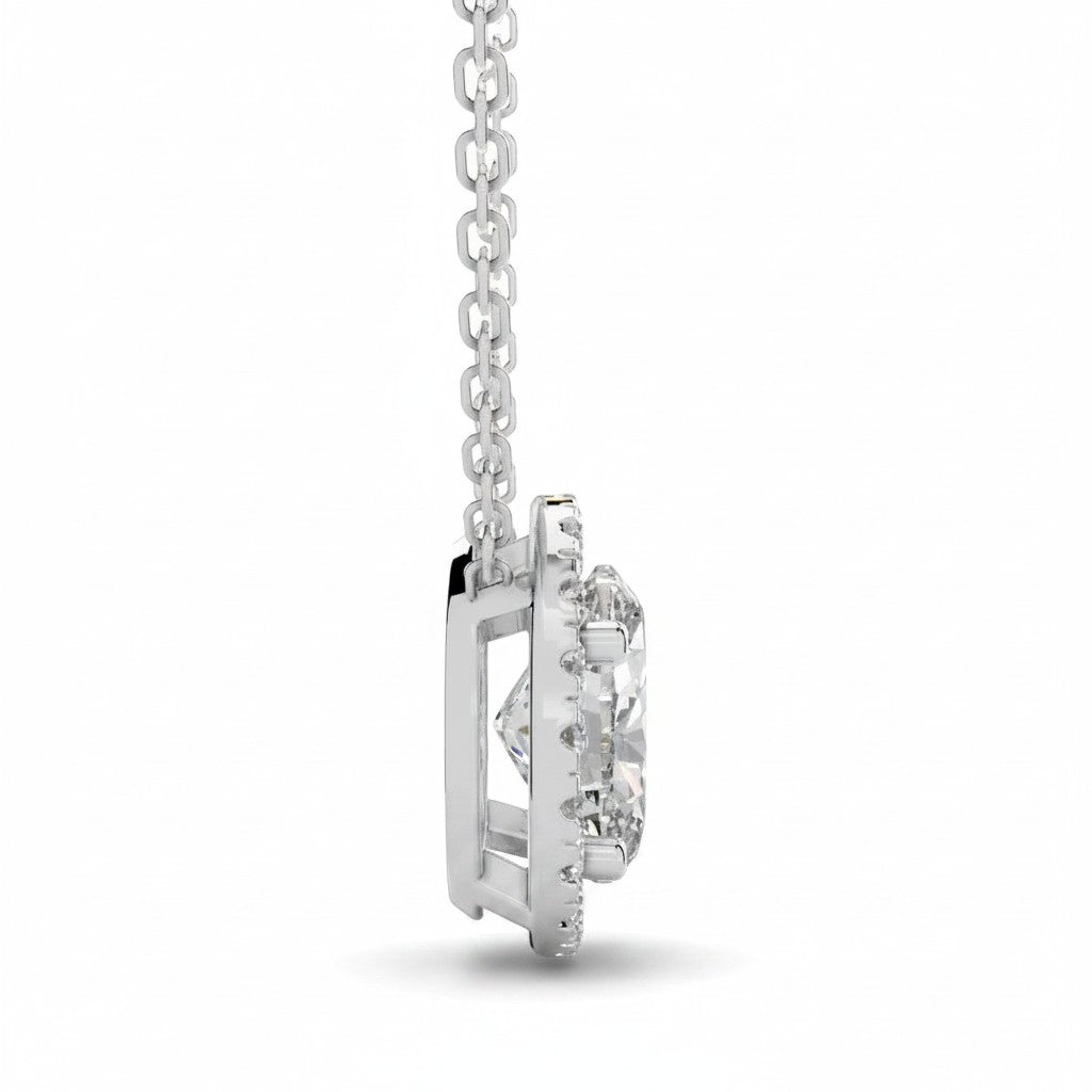 My Store 4 oval halo floating diamond pendant necklace in white gold with a delicate cable chain, side profile view.